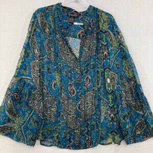 INC International Concepts Blouse Button Up size 20W Blue Sheer Artsy Romantic